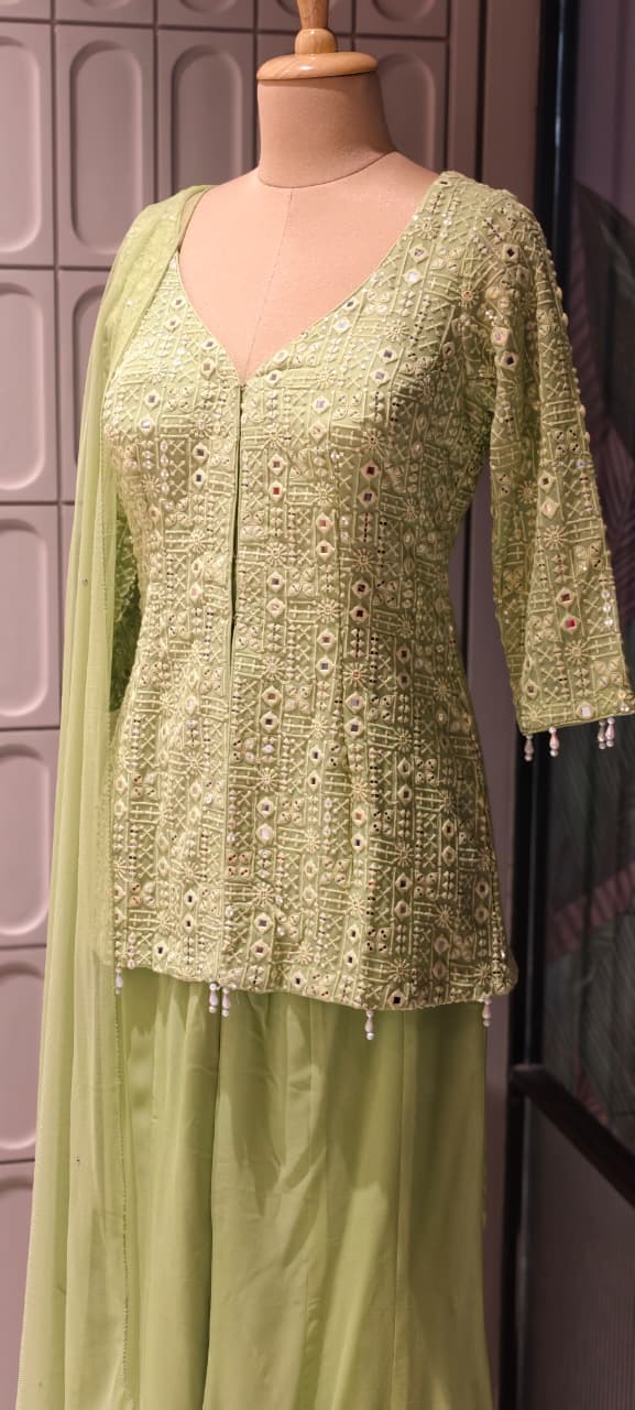 Premium Faux Georgette Royal Noor Chikankari Mirror-Work Slitted Peplum Kurta With Panel Palazzo Bottom & Dupatta Set -14844