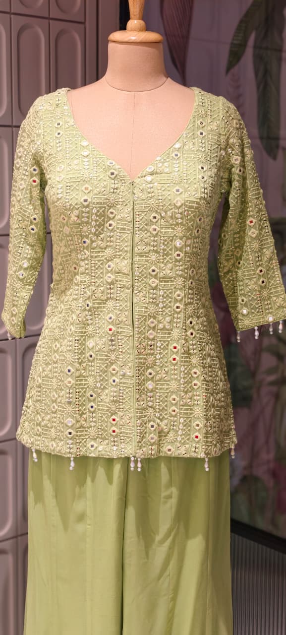 Premium Faux Georgette Royal Noor Chikankari Mirror-Work Slitted Peplum Kurta With Panel Palazzo Bottom & Dupatta Set -14844