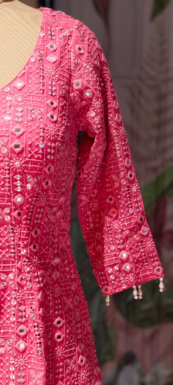 Premium Faux Georgette Royal Noor Chikankari Mirror-Work Slitted Peplum Kurta With Panel Palazzo Bottom & Dupatta Set -14844