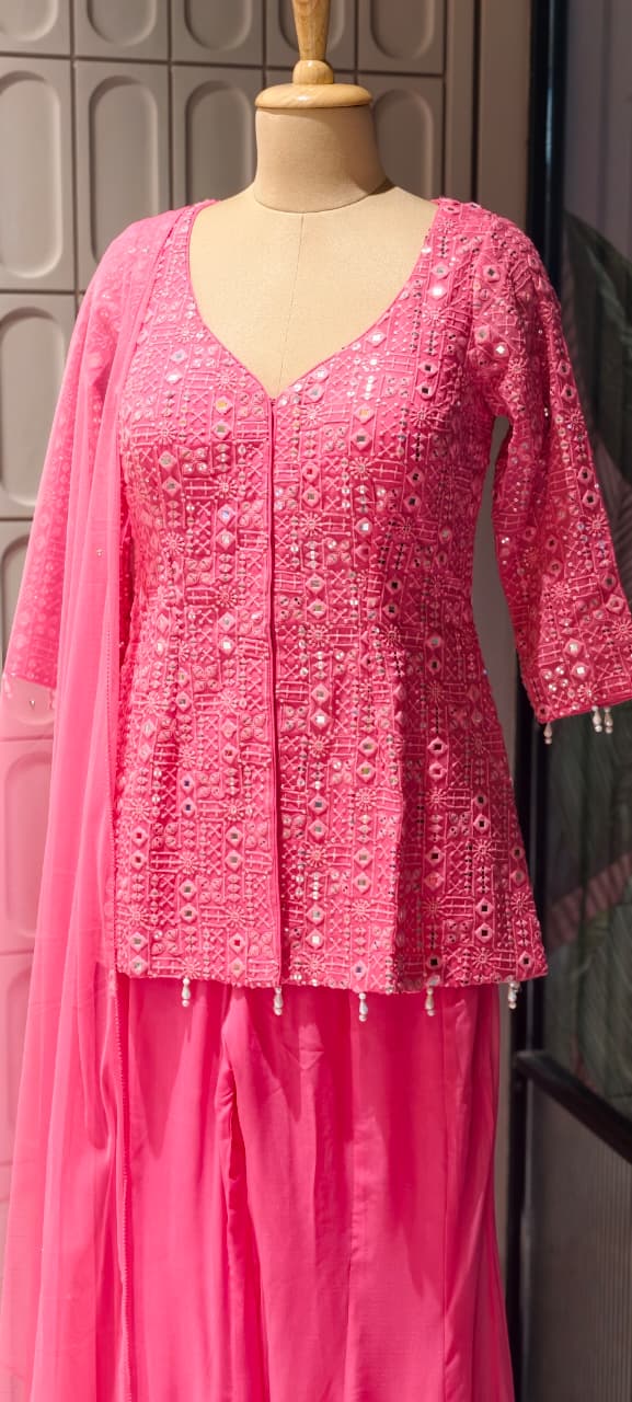 Premium Faux Georgette Royal Noor Chikankari Mirror-Work Slitted Peplum Kurta With Panel Palazzo Bottom & Dupatta Set -14844