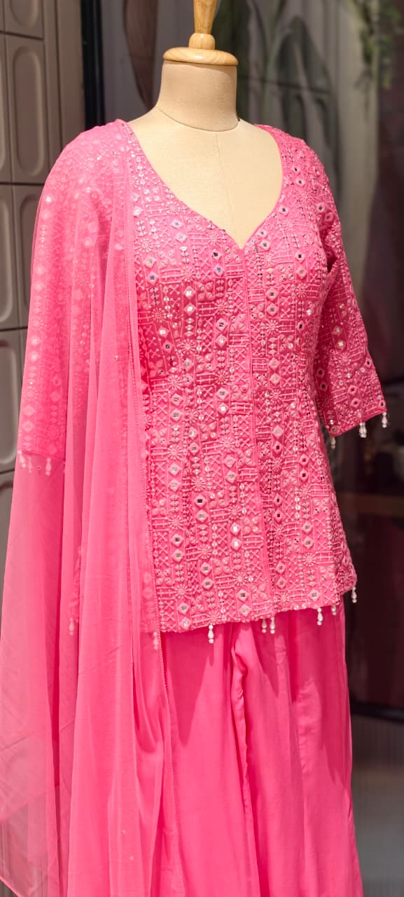 Premium Faux Georgette Royal Noor Chikankari Mirror-Work Slitted Peplum Kurta With Panel Palazzo Bottom & Dupatta Set -14844
