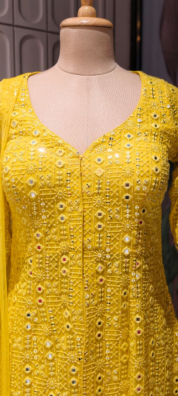 Premium Faux Georgette Royal Noor Chikankari Mirror-Work Slitted Peplum Kurta With Panel Palazzo Bottom & Dupatta Set -14844