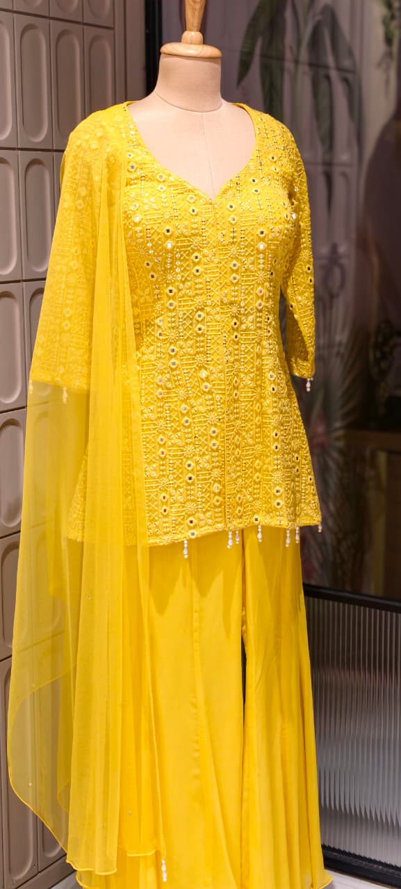 Premium Faux Georgette Royal Noor Chikankari Mirror-Work Slitted Peplum Kurta With Panel Palazzo Bottom & Dupatta Set -14844