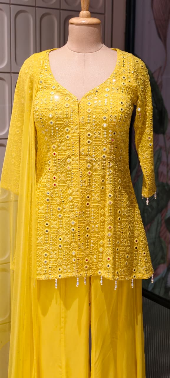 Premium Faux Georgette Royal Noor Chikankari Mirror-Work Slitted Peplum Kurta With Panel Palazzo Bottom & Dupatta Set -14844