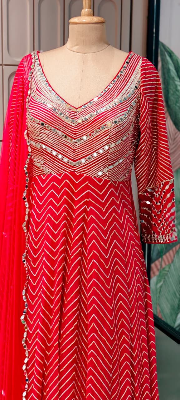 Majestic Premium Zari & Mirror Work Chevron Georgette Floor Length Anarkali Gown with Dupatta- 14233