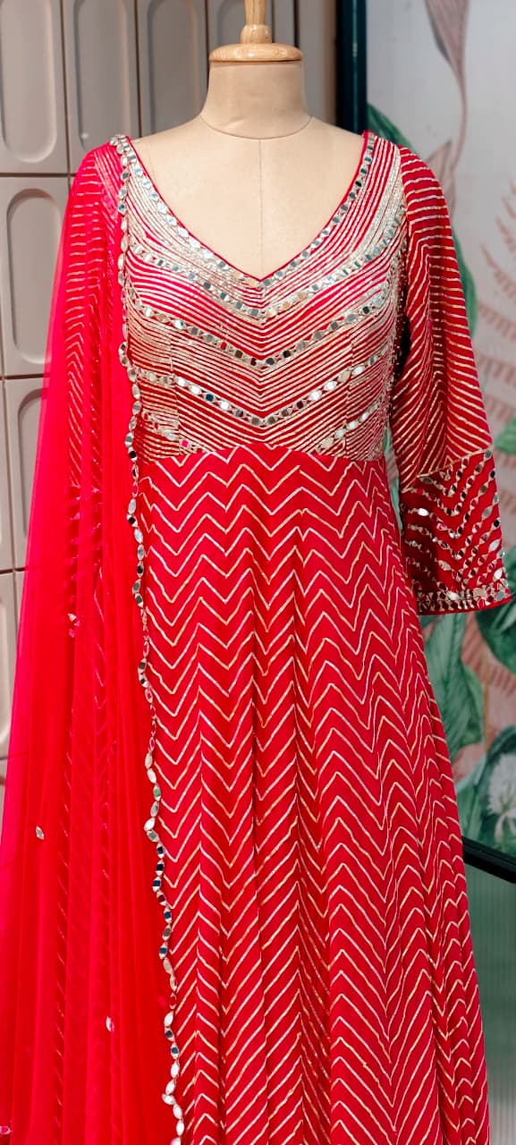 Majestic Premium Zari & Mirror Work Chevron Georgette Floor Length Anarkali Gown with Dupatta- 14233