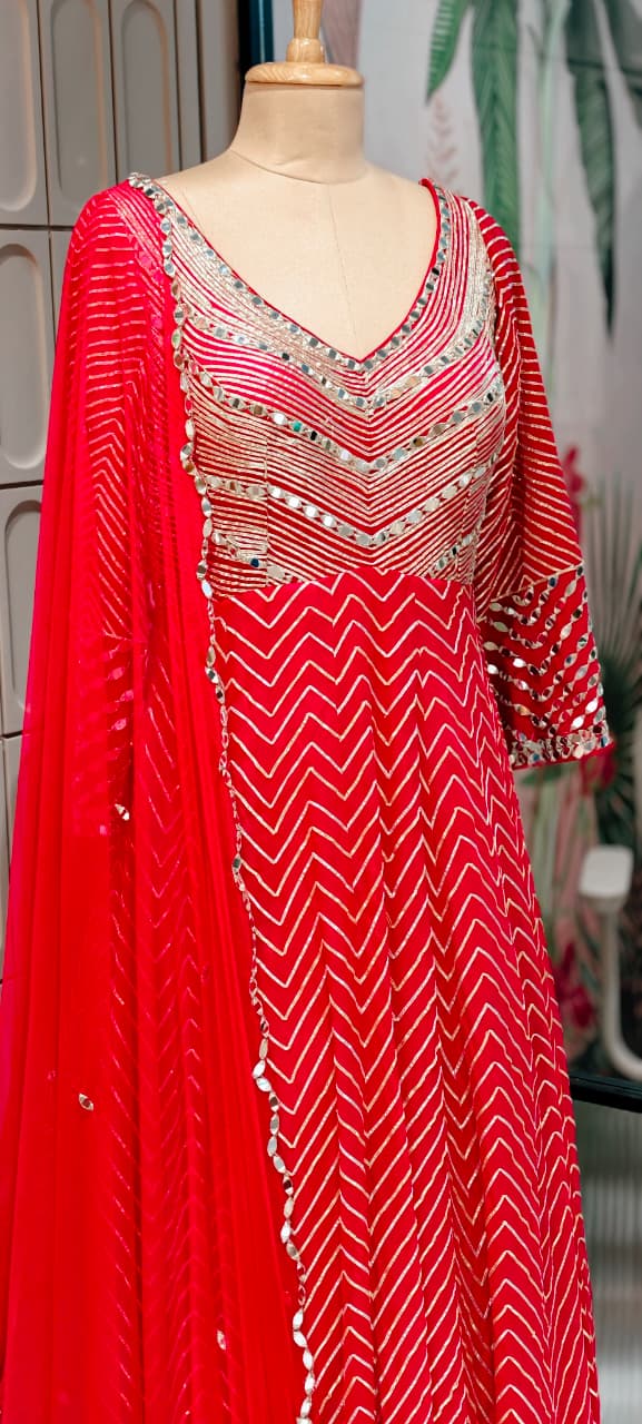 Majestic Premium Zari & Mirror Work Chevron Georgette Floor Length Anarkali Gown with Dupatta- 14233