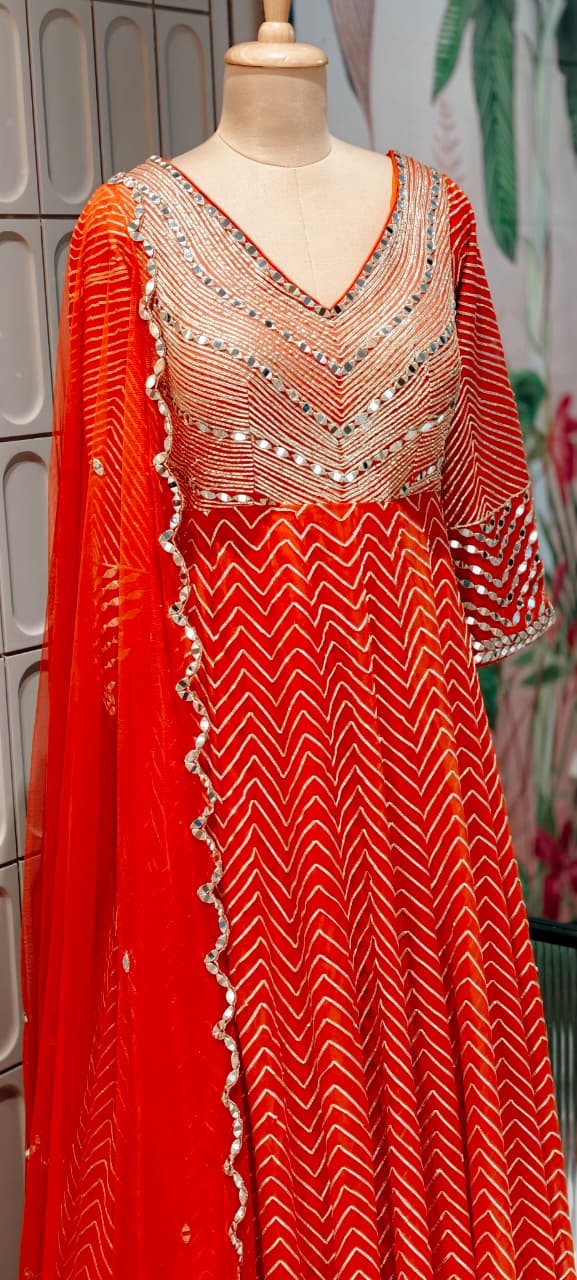 Majestic Premium Zari & Mirror Work Chevron Georgette Floor Length Anarkali Gown with Dupatta- 14233