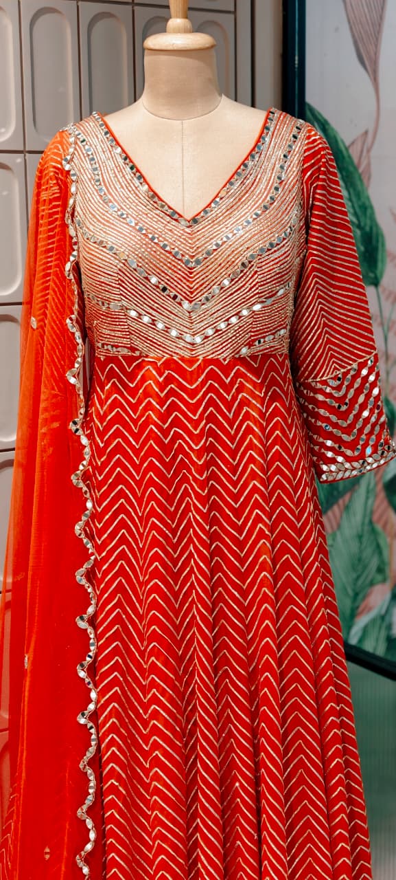 Majestic Premium Zari & Mirror Work Chevron Georgette Floor Length Anarkali Gown with Dupatta- 14233