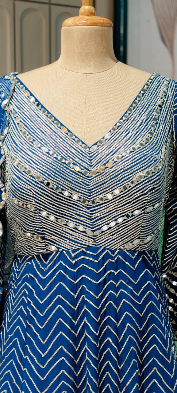 Majestic Premium Zari & Mirror Work Chevron Georgette Floor Length Anarkali Gown with Dupatta- 14233