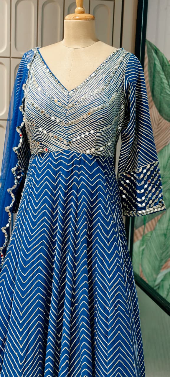 Majestic Premium Zari & Mirror Work Chevron Georgette Floor Length Anarkali Gown with Dupatta- 14233
