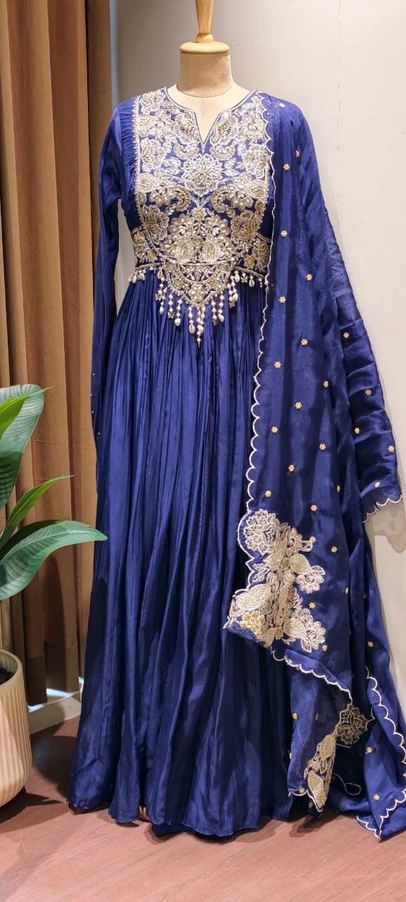 Georgette Pleated Anarkali Gown with Heavy Zardozi Hand-Embroidery, Pearl Tassel Detailing, and Scalloped Organza Dupatta Set- 14328