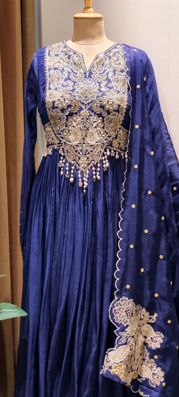 Georgette Pleated Anarkali Gown with Heavy Zardozi Hand-Embroidery, Pearl Tassel Detailing, and Scalloped Organza Dupatta Set- 14328
