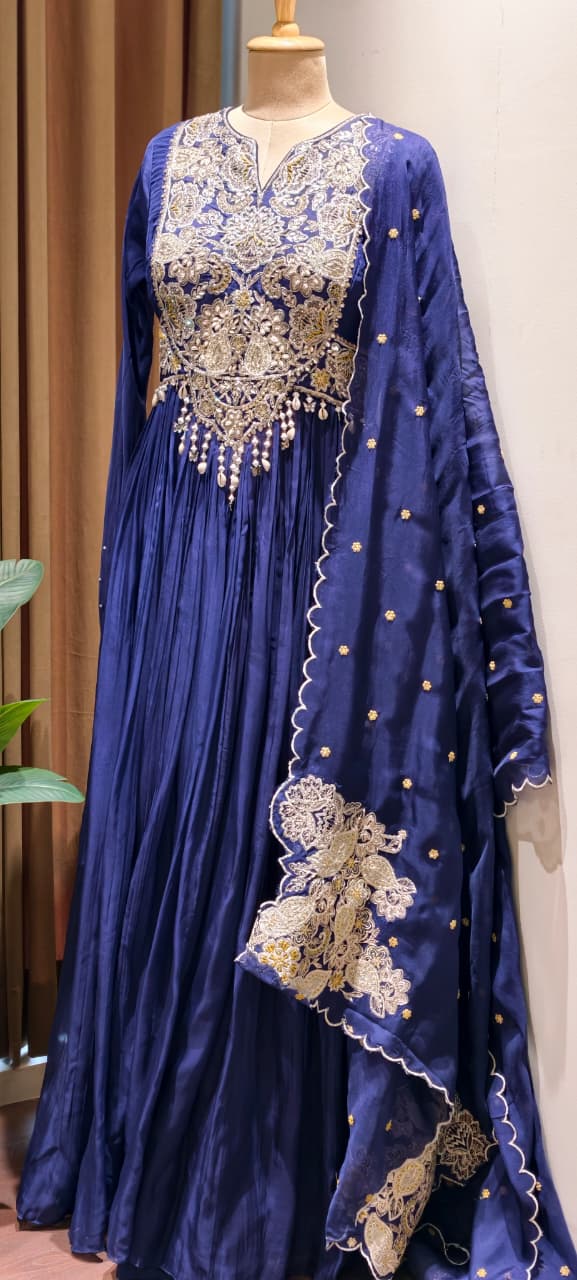 Georgette Pleated Anarkali Gown with Heavy Zardozi Hand-Embroidery, Pearl Tassel Detailing, and Scalloped Organza Dupatta Set- 14328