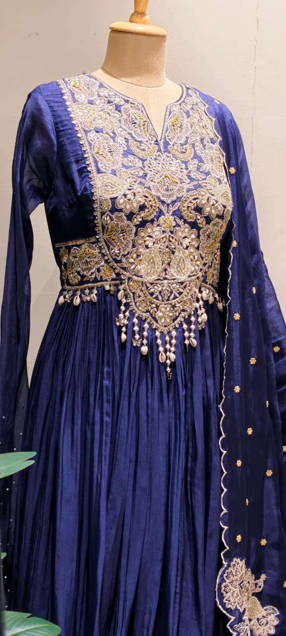 Georgette Pleated Anarkali Gown with Heavy Zardozi Hand-Embroidery, Pearl Tassel Detailing, and Scalloped Organza Dupatta Set- 14328