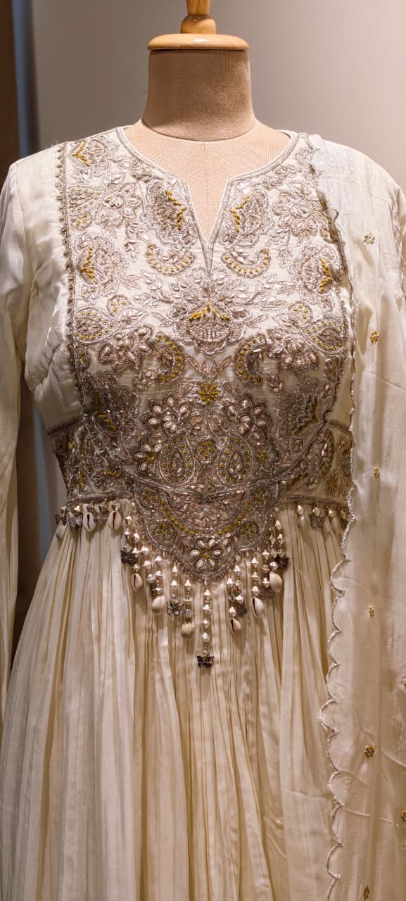 Georgette Pleated Anarkali Gown with Heavy Zardozi Hand-Embroidery, Pearl Tassel Detailing, and Scalloped Organza Dupatta Set- 14328