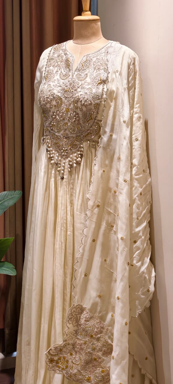 Georgette Pleated Anarkali Gown with Heavy Zardozi Hand-Embroidery, Pearl Tassel Detailing, and Scalloped Organza Dupatta Set- 14328
