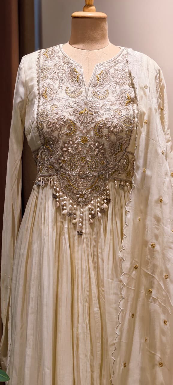 Georgette Pleated Anarkali Gown with Heavy Zardozi Hand-Embroidery, Pearl Tassel Detailing, and Scalloped Organza Dupatta Set- 14328