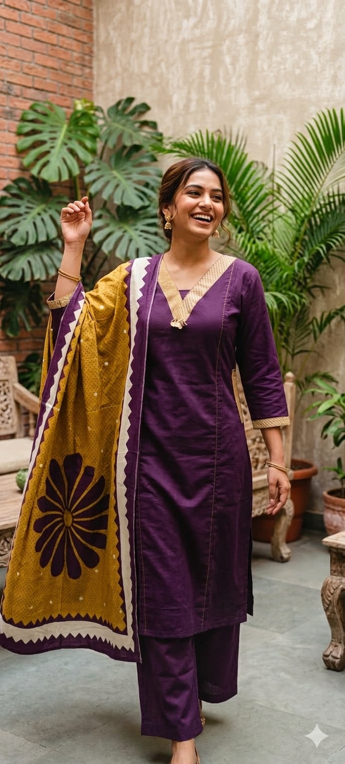 Solid Shade Cotton Neck Detailed Lace Aline Full suit With Dupatta 13911