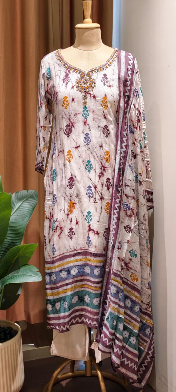 Ivory Fusion Embroidered Tie-Dye Full Suit Set with Dupatta In Muslin Fabric-LEAN FIT(ADVISIBLE NEXT SIZE)