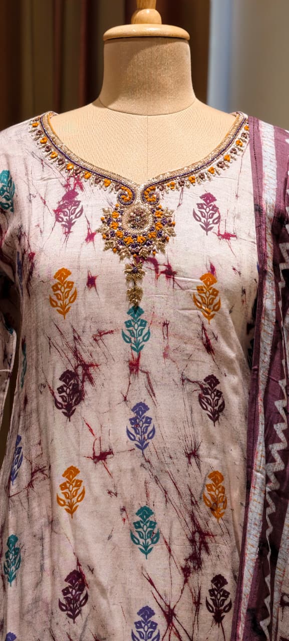 Ivory Fusion Embroidered Tie-Dye Full Suit Set with Dupatta In Muslin Fabric-LEAN FIT(ADVISIBLE NEXT SIZE)