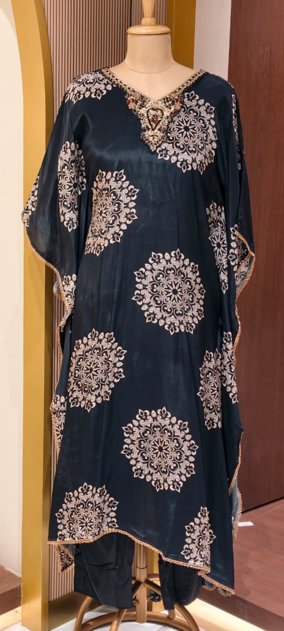 Rounded Floral Block Prints Zardosi Neckline Kaftan With Bottom In Crepe Fabric