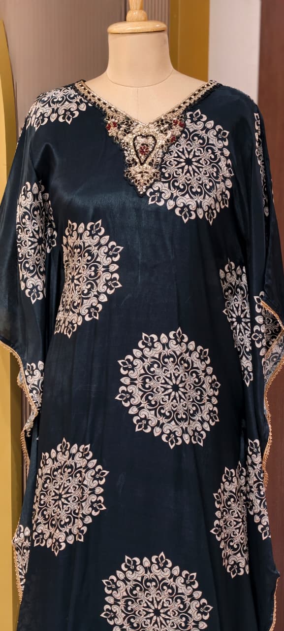 Rounded Floral Block Prints Zardosi Neckline Kaftan With Bottom In Crepe Fabric