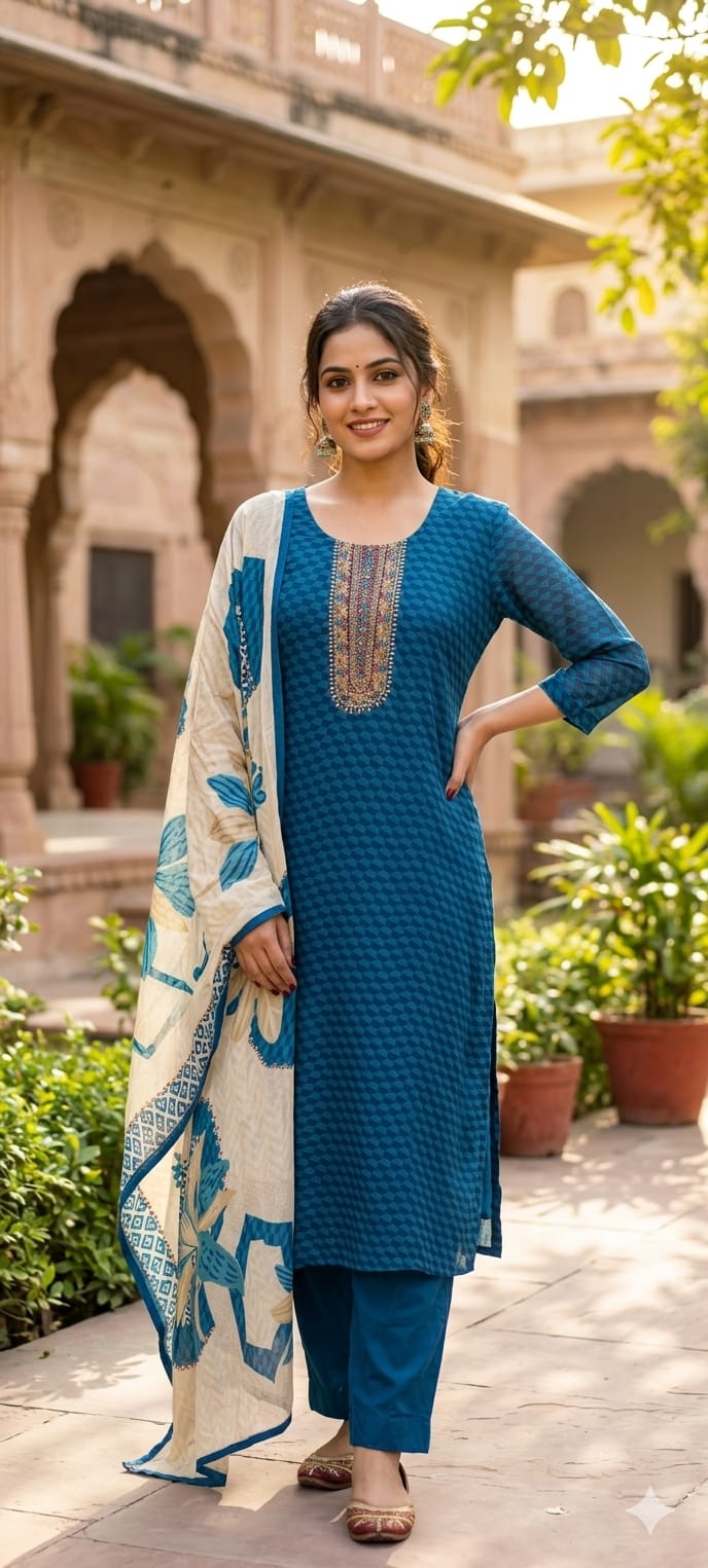 Traditional Embroidered Yoke Royal Blue Micro-Geometric Print Full Suit Set with Dupatta