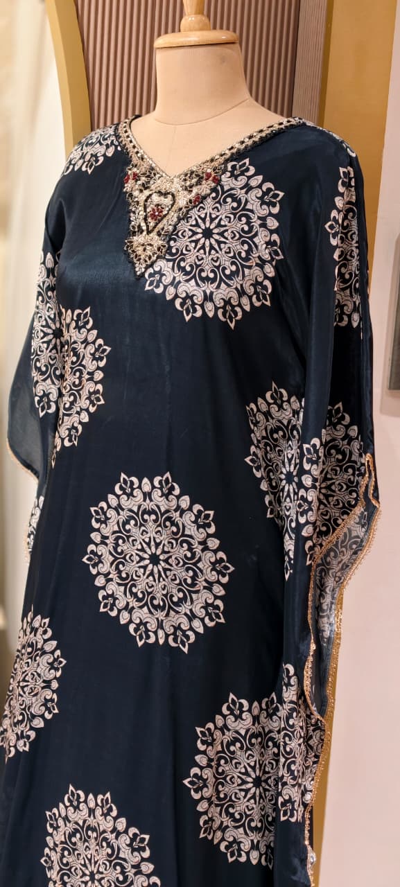 Rounded Floral Block Prints Zardosi Neckline Kaftan With Bottom In Crepe Fabric