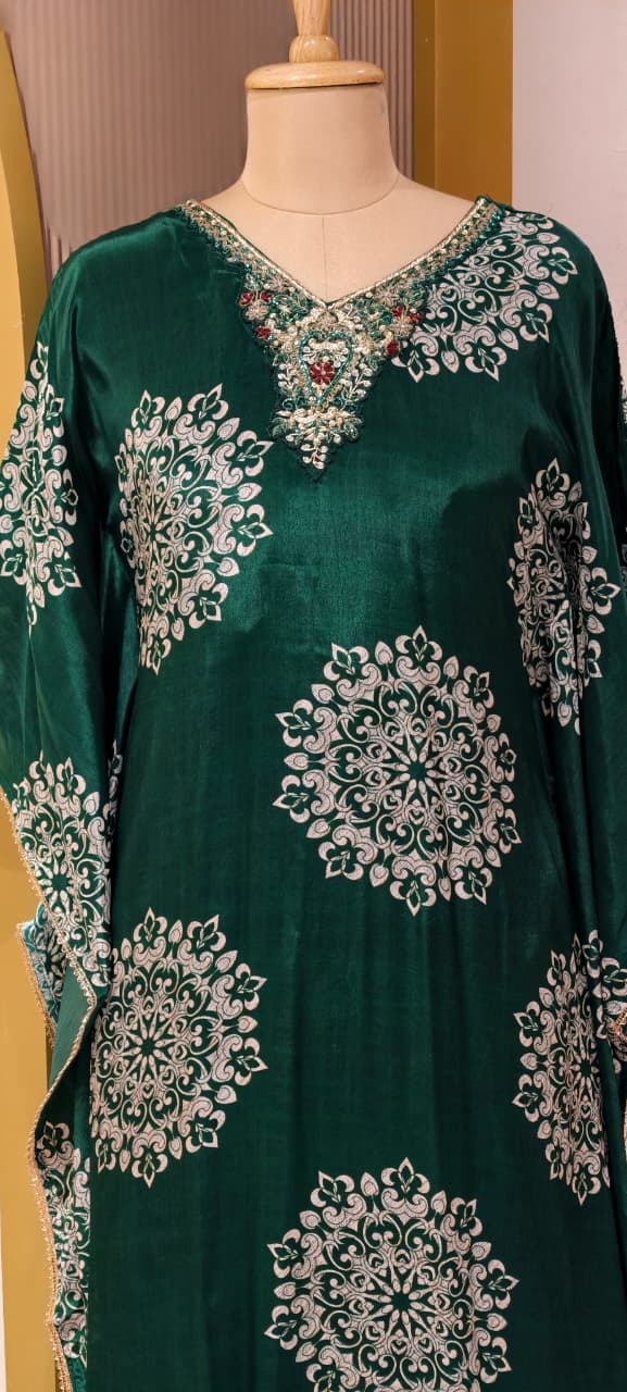 Rounded Floral Block Prints Zardosi Neckline Kaftan With Bottom In Crepe Fabric