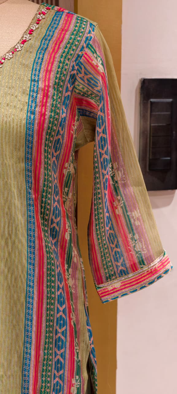 Tissue Elegant Olive Green Multicolor Striped Embroidered Straight Kurta with Bottom And Dupatta-14889-LEAN FIT(ADVISIBLE NEXT SIZE)