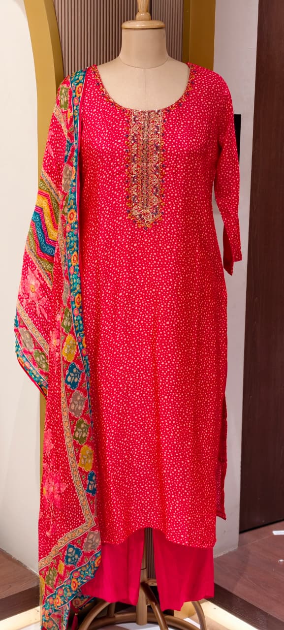 Abstract Colorful Dupatta With Scattered Polka Dotted Russian Silk Full Suit Set