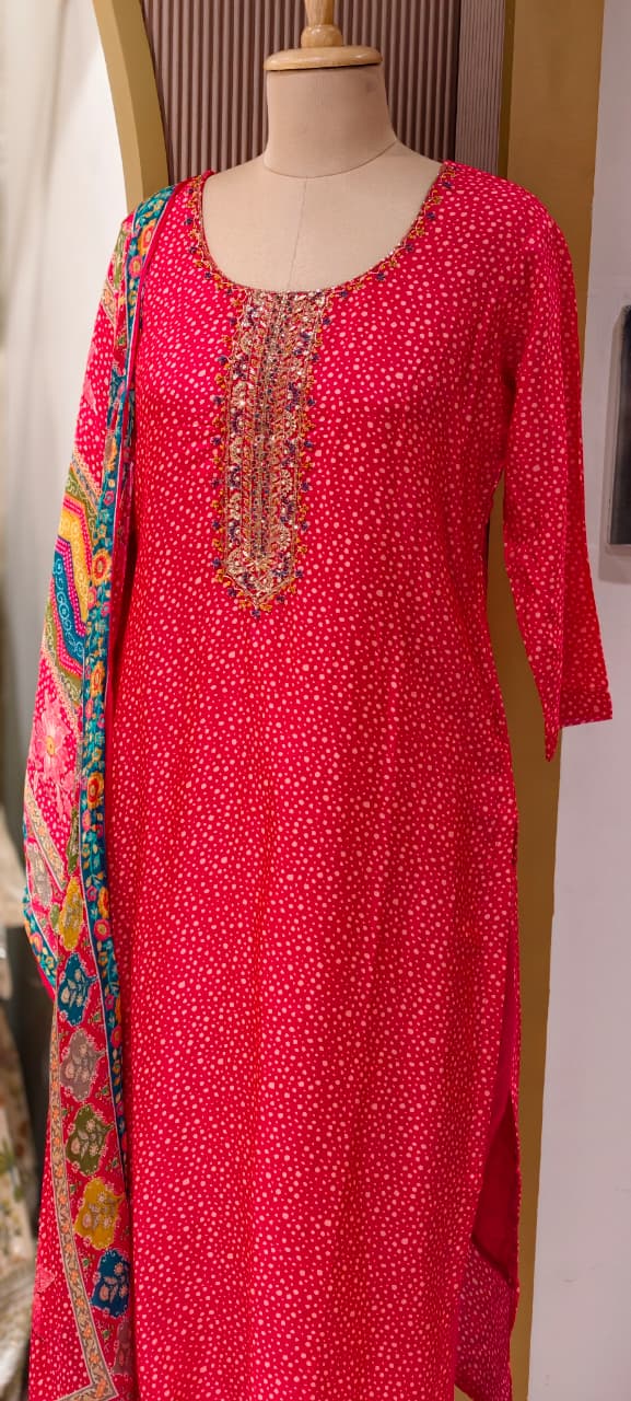 Abstract Colorful Dupatta With Scattered Polka Dotted Russian Silk Full Suit Set