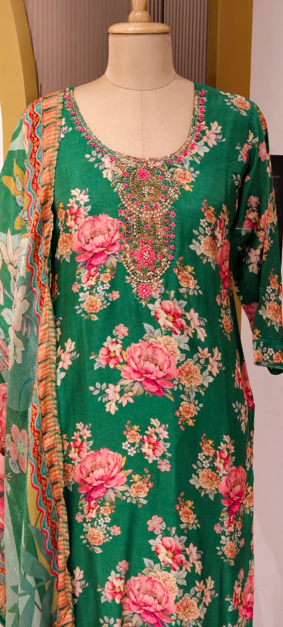 Zardosi Neckline Emerald Garden Floral Print Full Suit Set with Dupatta In Russian Silk Fabric-LEAN FIT(ADVISIBLE NEXT SIZE)