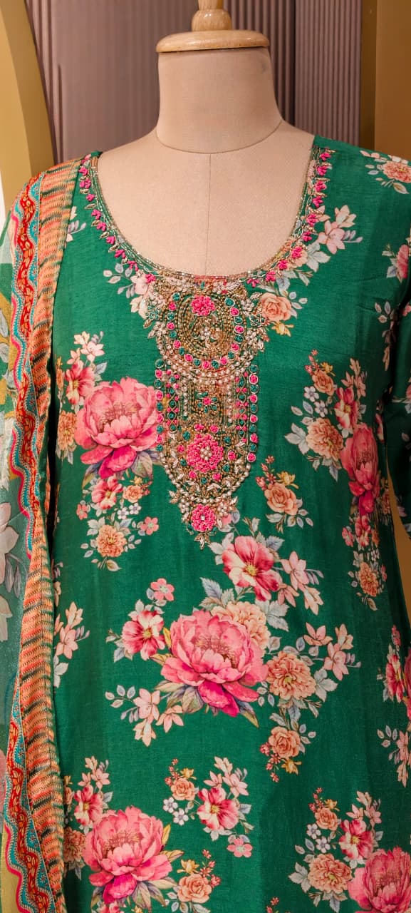 Zardosi Neckline Emerald Garden Floral Print Full Suit Set with Dupatta In Russian Silk Fabric-LEAN FIT(ADVISIBLE NEXT SIZE)