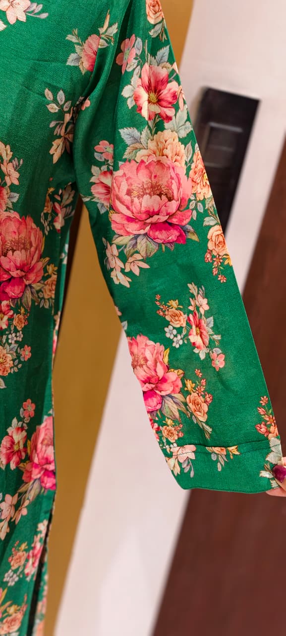 Zardosi Neckline Emerald Garden Floral Print Full Suit Set with Dupatta In Russian Silk Fabric-LEAN FIT(ADVISIBLE NEXT SIZE)