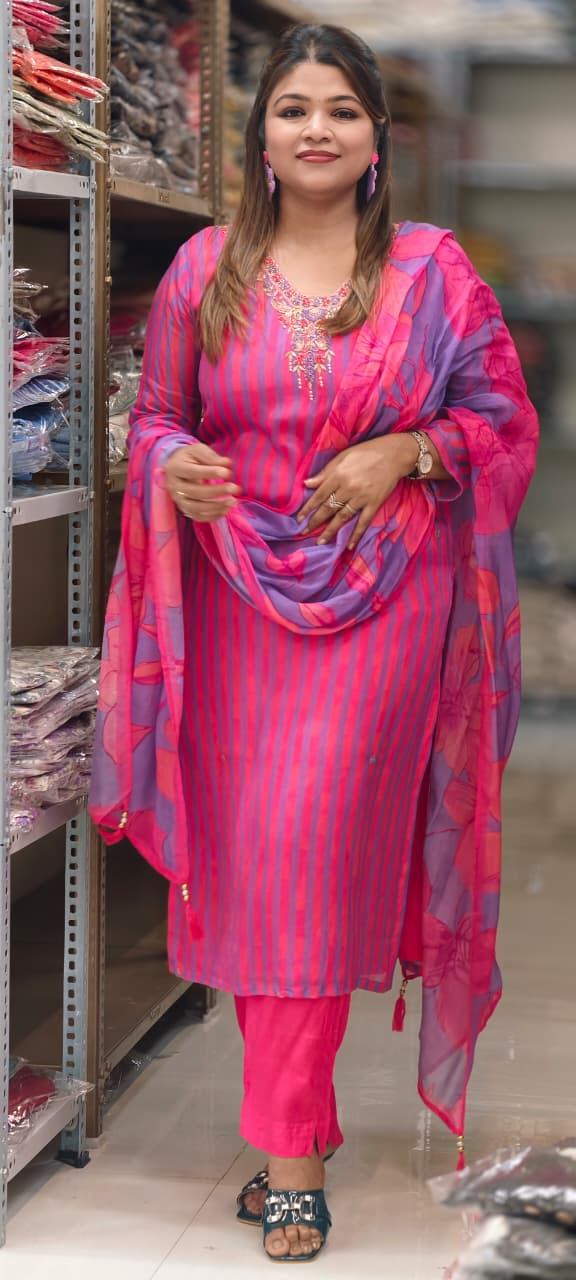 Summer Candy Vibrant-Striped Organza Full Suit Set With Dupatta with Floral Festive Yoke LEAN FIT(ADVISIBLE NEXT SIZE)