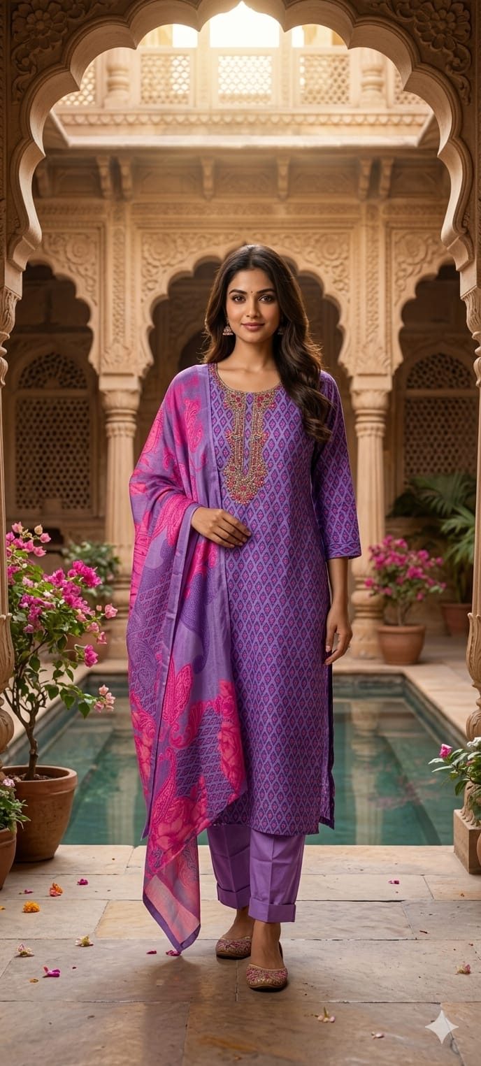 Detailed Floral Yoke Embroidery Lavender Purple Geometric Print Russian Silk Full Suit Set SLIGHTLY LEAN FIT