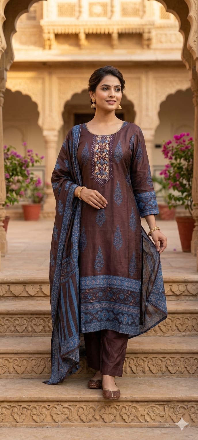 Chocolate Brown Paisley Motif Russian Silk Full Suit Set With Dupatta Heavily Embroidered