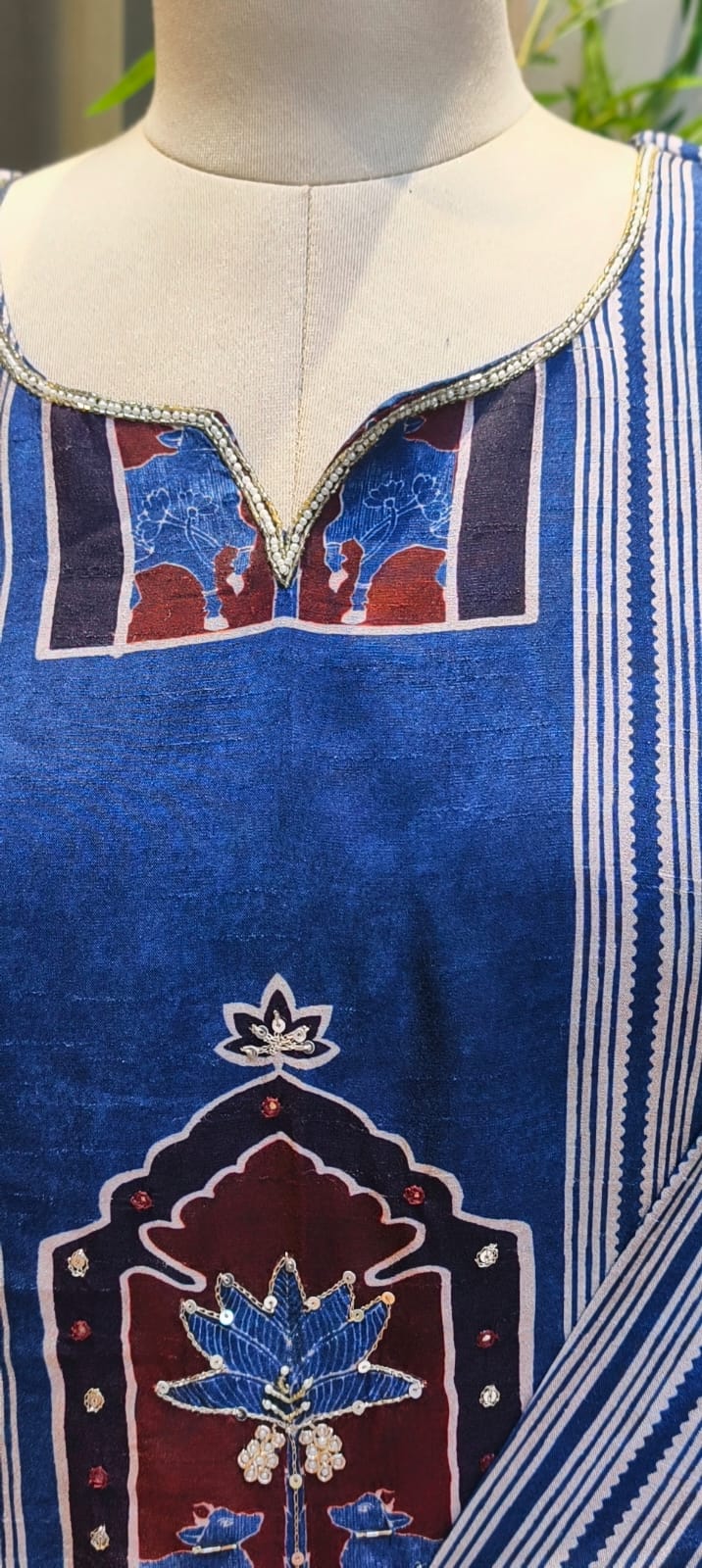 Zari Accent Indigo Heritage Mughal Arch Printed Muslin Full Suit Set with Dupatta Zari Accent