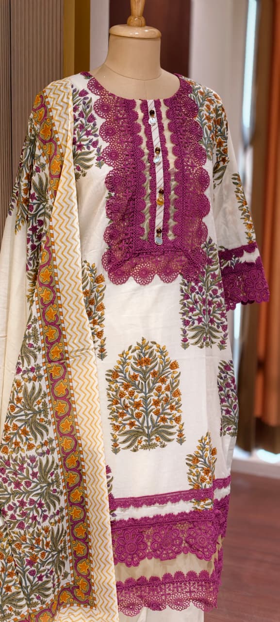 Floral Block Print Straight Cotton Full Suit Set With Dupatta With Crochet Lace Detailing- 14904
