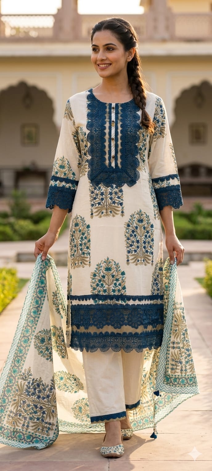 Floral Block Print Straight Cotton Full Suit Set With Dupatta With Crochet Lace Detailing- 14904