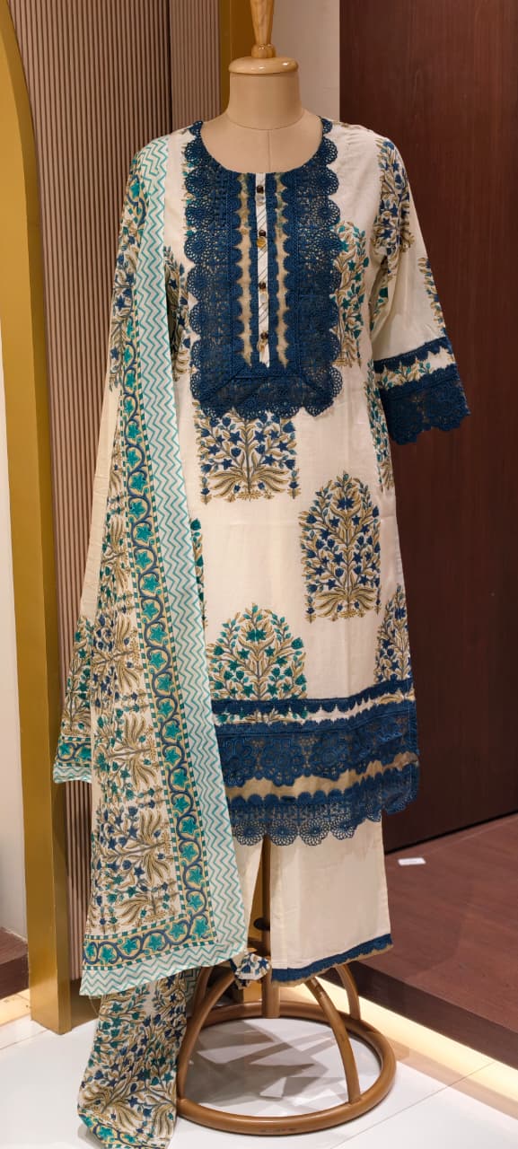 Floral Block Print Straight Cotton Full Suit Set With Dupatta With Crochet Lace Detailing- 14904