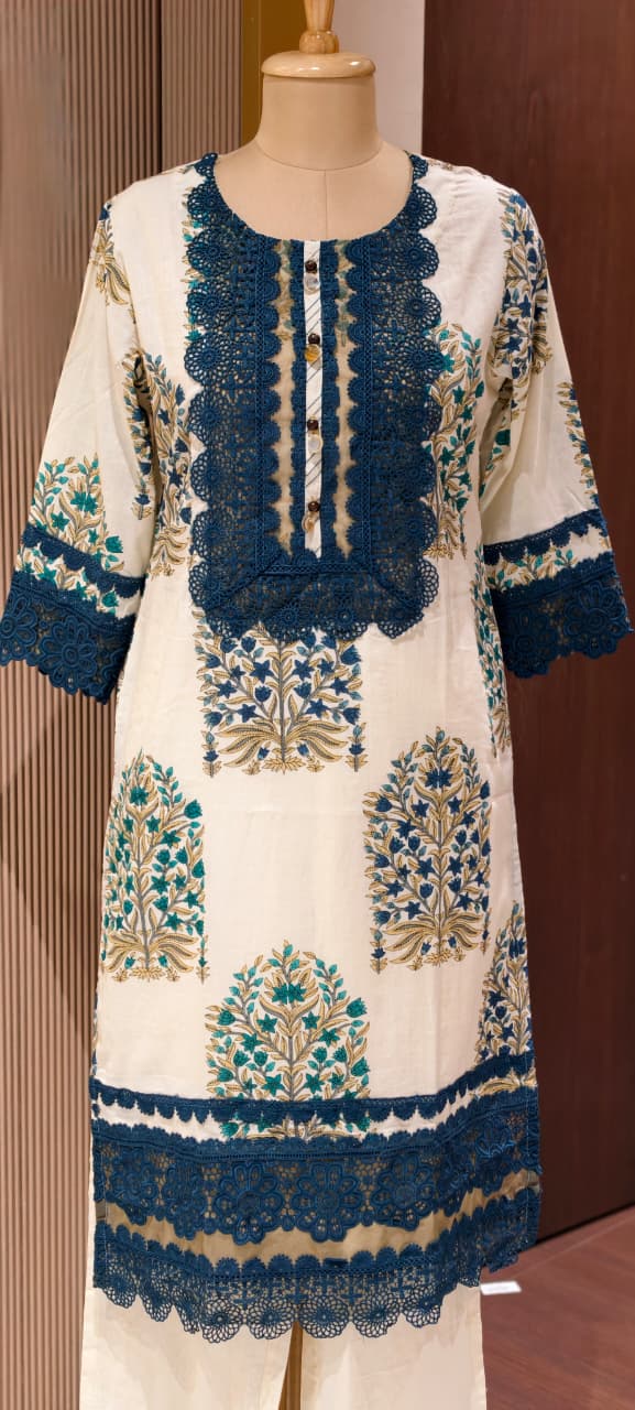 Floral Block Print Straight Cotton Full Suit Set With Dupatta With Crochet Lace Detailing- 14904