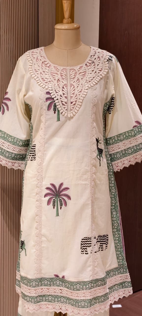 Tropical Safari Figure With Block Print A-Line Cotton Full Suit Set with Macramé Lace Yoke- 14903