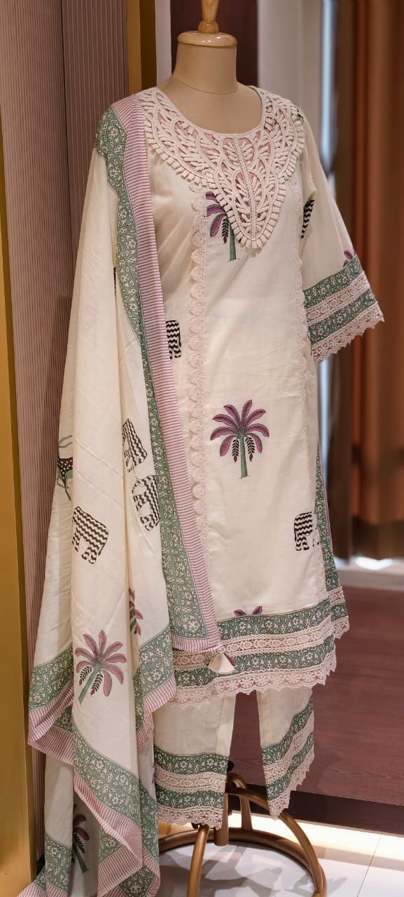 Tropical Safari Figure With Block Print A-Line Cotton Full Suit Set with Macramé Lace Yoke- 14903