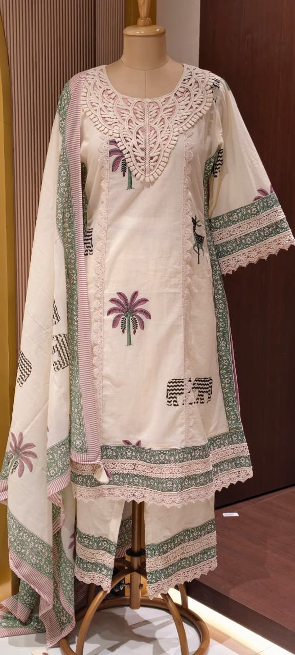 Tropical Safari Figure With Block Print A-Line Cotton Full Suit Set with Macramé Lace Yoke- 14903