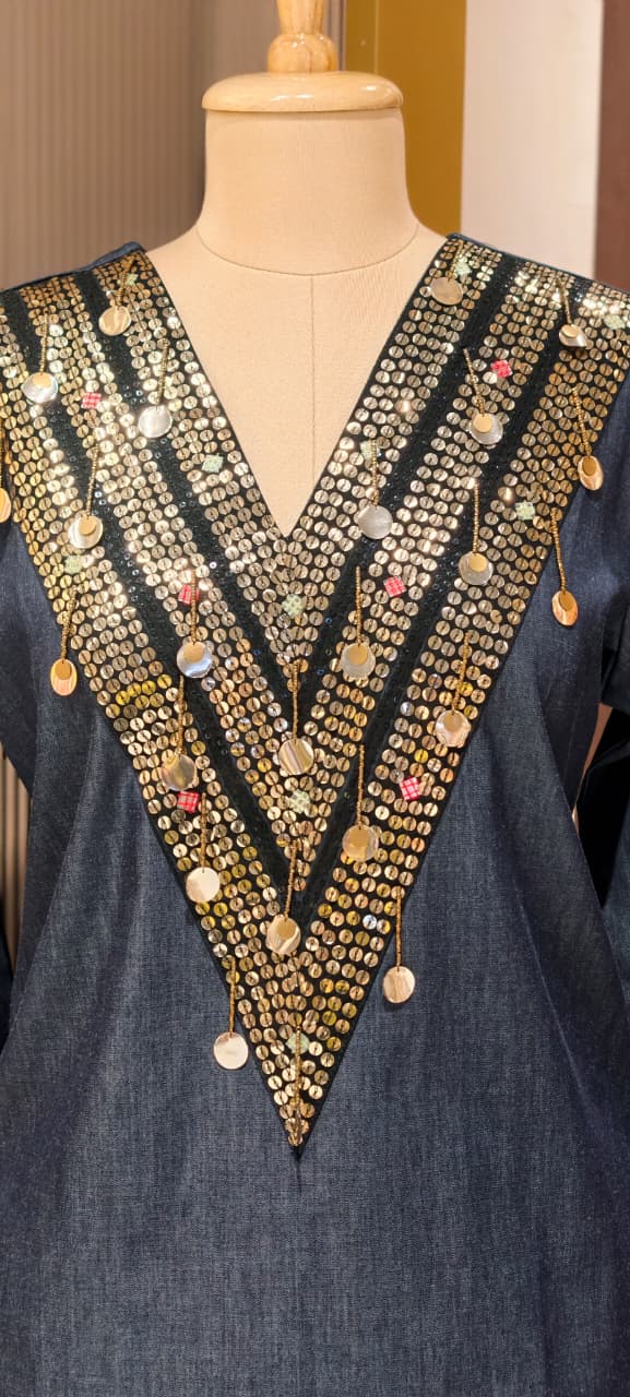 Nightmere Denim Look Co-Ord Set with Heavy Sequin and Coin-Embellished V-Neck- 14876
