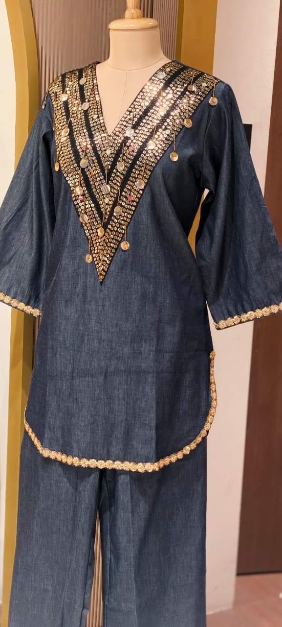 Nightmere Denim Look Co-Ord Set with Heavy Sequin and Coin-Embellished V-Neck- 14876