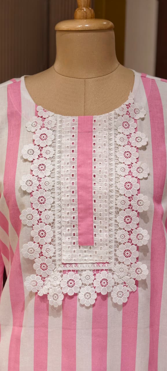 Premium Cotton Candy Stripe Short Length Co-Ord Set with Floral Eyelet Lace- 14881